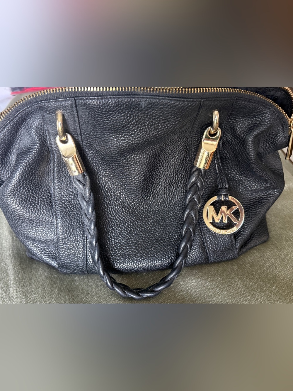 Michael Kors Black Leather Braided-Handle Shoulder Bag with Gold Hardware